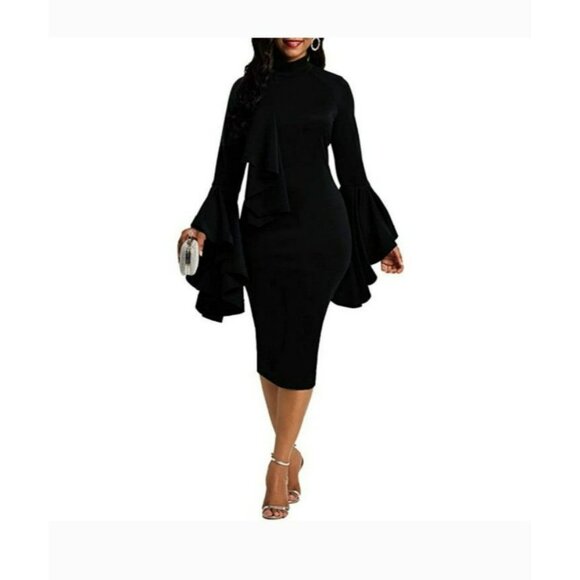 Black Dress with Flare Sleeves, fitted, Wedding Guests/Dinner/Date Size XL - Picture 8 of 9
